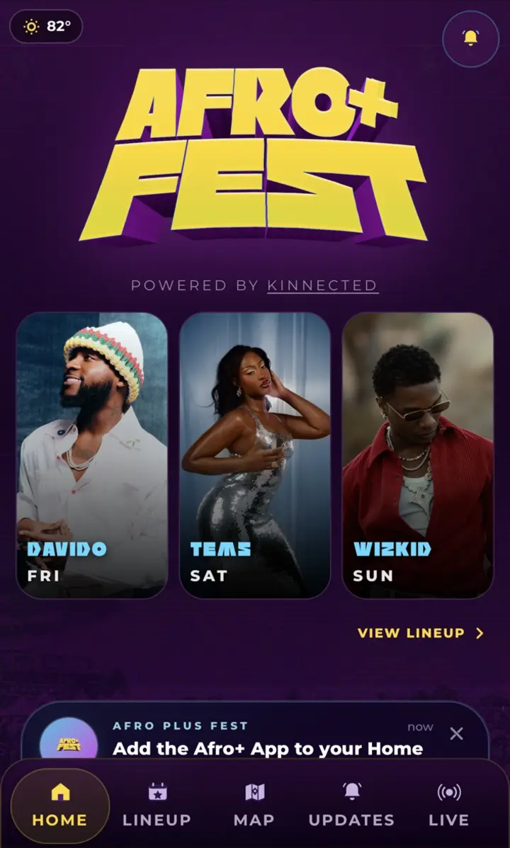 Afro+ Fest attendee home screen