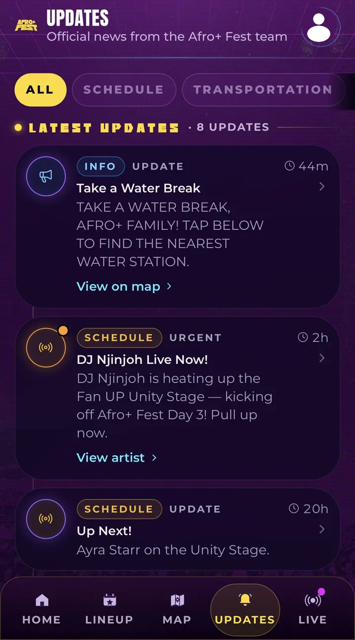 Afro+ Fest live updates screen